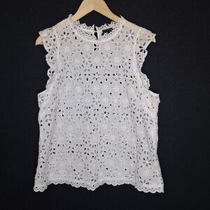 💙 J.Crew Eyelet Cap Sleeve Blouse Size L Preppy Romantic Formal Office Work